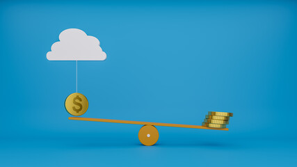 Gold dollar coins on weight scale with blue pastel background - 3d rendering