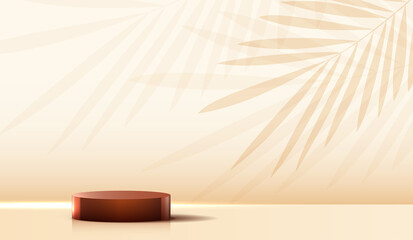 Cosmetic on brown background and premium podium display for product presentation branding and packaging . studio stage with shadow of leaf background. vector design