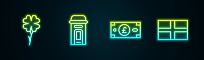 Set line Four leaf clover, London phone booth, Pound sterling money and Flag of England. Glowing neon icon. Vector