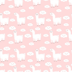 Seamless pattern with funny llama and clouds on a pink background. Vector illustration suitable for baby texture, textile, fabric, poster, greeting card, decor. Cute alpaca from Peru.