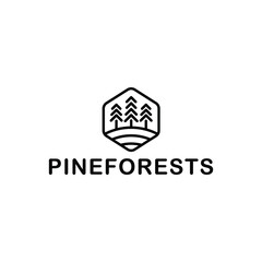 Vintage  Pine Forest Logo on hexagon shape in black white color