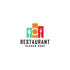 plate, spoon, and fork design on building shape for restaurant food logo design vector