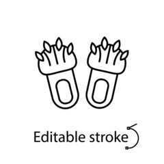 Funny slippers with claws outline icon. Homewear and sleepwear. Customizable linear contour symbol. Editable stroke