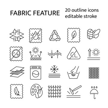 Fabric feature outline icons set. Textile industry. Different properties of fiber. Fiber quality. Material diversity.