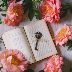 beautiful vintage key on an open book surrounded by pink peonies, top view, selective focus