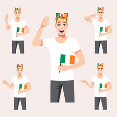 A handsome man with the Irish flag. A set of fan emotions. Vector illustration on cartoon style.
