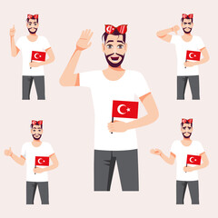 An attractive man with the Turkish flag. A set of fan emotions. Vector illustration on cartoon style.