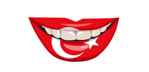 The Turkey flag on the lips. A woman's smile with white teeth. Vector illustration.