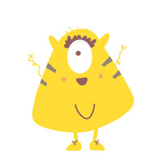 Happy cute cartoon monster. Yellow vector monster character smiling . flat on white