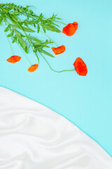 Creative composition made of red poppies on pastel blue background with white silk cloth. Nature concept. Summer background in minimal style. Top view. Flat lay