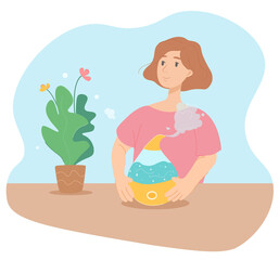 Happy woman with air humidifier device near blossoming plant. The device is moisturizing air and improve climate in the room, it remove dry air and makes plants to grow up better and to have good mood