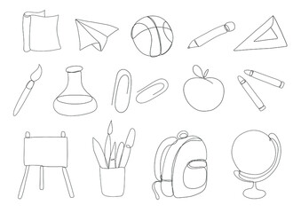 One line hand draw back to school set. Continuous line drawing of book, a globe, ball, pen, crayons, backpack, easel, brushes, apple. Minimalist style. Education concept. Modern one line draw grap