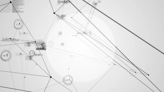 Digital animation of network of connections over round banner with copy space on grey background