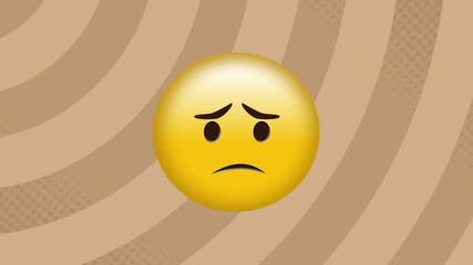 Digital animation of sad face emoji against spinning spirals on brown background