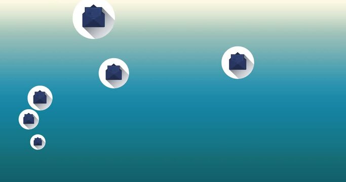 Digital animation of multiple message icons on round banner floating against gradient background