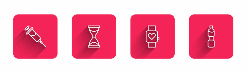 Set line Doping syringe, Old hourglass, Smart watch and Bottle of water with long shadow. Red square button. Vector