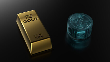 Bitcoin coin and gold bar Placed on table. 3d render