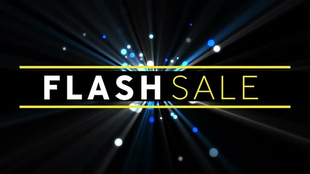 Digital animation of flash sale text banner against blue spots of light on black background