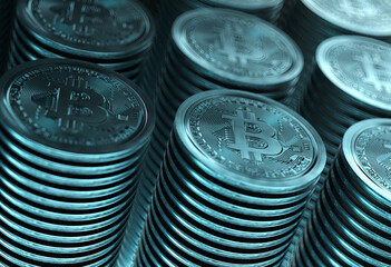stacks of blue bitcoins. Placed on table. 3d render