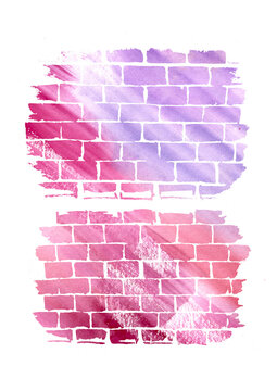 Watercolor multicolored Brick wall texture on white background. Violet, blue and Pink gradient Bricks for web banner. Design elements