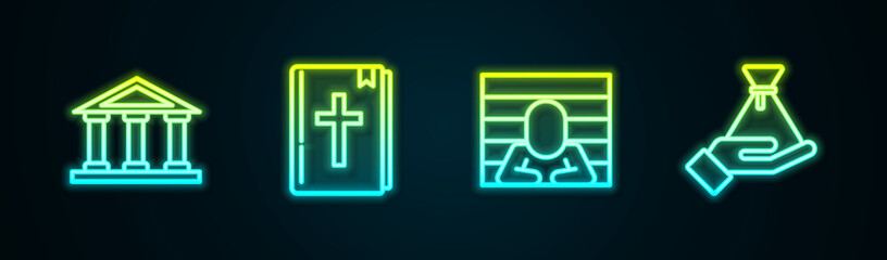 Obraz premium Set line Courthouse building, Holy bible book, Prisoner and Bribe money bag. Glowing neon icon. Vector