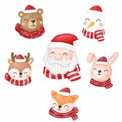Fototapeta premium Santa & Animals Clipart, merry christmas, Digital painting