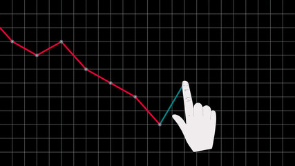 Trading charts, stock prices, crypto, currency, raw materials. Black background. Hand touches the graph. Concept of invisible hand of market, divine providence.