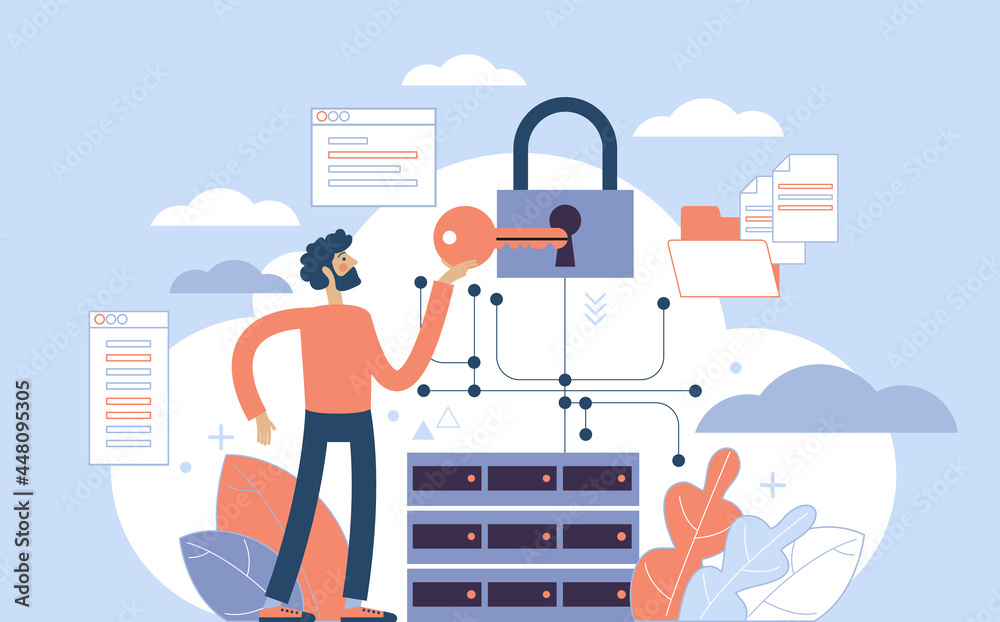Poster secure data transmission concept. access right. safe file sharing. protected web traffic. vpn. analy