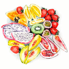Tropical fruits watercolor illustration on white background
