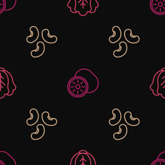 Set line Cabbage, Beans and Kiwi fruit on seamless pattern. Vector