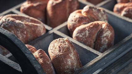 Crunchy buns made of wheat grains. Buns from the bakery.