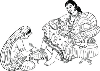 Fototapeta na wymiar Indian wedding clip art, women doing henna art on bride leg with peacock feather, beautiful wedding clip art Indian culture and traditional line drawing illustration.
