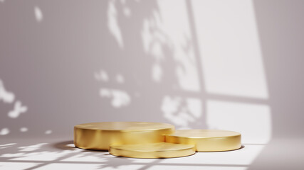 3D rendering of Three gold podiums for displaying products in a white room and window shadow background. Mockup for show product.
