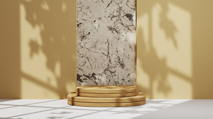 3D rendering of Light brown podium for product display, marble backdrop with window shadow background. Mockup for show product.