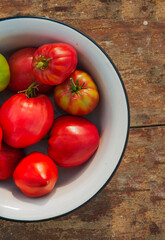 Fresh tomatoes in a white bowl on a green grass background.
