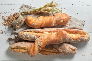 Brown baguettes made of grains. Made of wheat.