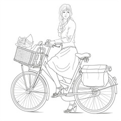 vector image of a girl on a vintage bike. linear icon