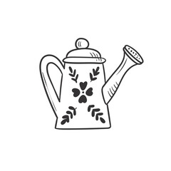 Hand drawn autumn watering can doodle colorless illustrations. Сute vector objects. Illustrations for poster, background or card.