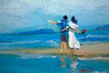 A couple in love a guy and a girl in a white dress with flowers in their hands on the beach. Painting on canvas