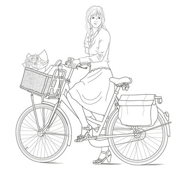 vector image of a girl on a vintage bike. linear icon