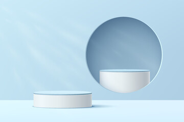 Abstract 3D white cylinder pedestal podium with blue podium in hole on the wall. Pastel blue minimal scene with lighting for product display presentation. Vector geometric rendering platform design.