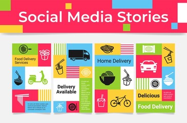 Set food delivery poster for social media stories vector flat illustration. Ecommerce application