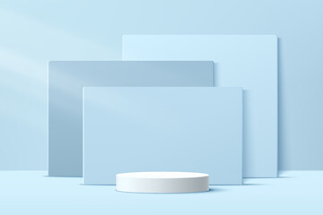 Abstract 3D white cylinder pedestal podium with blue square overlap layers backdrop. Pastel blue minimal wall scene for product display presentation. Vector geometric rendering platform design.