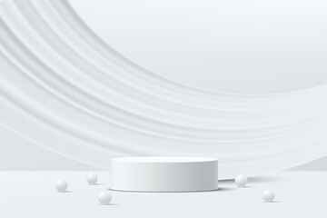 Abstract 3D white cylinder pedestal podium and white liquid curve shape backdrop with white ball. Luxury white minimal wall scene for product display presentation. Vector rendering geometric  platform