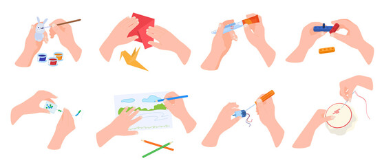 Collection handmade hobbies vector flat illustration. Set of human hands doing crafts activity