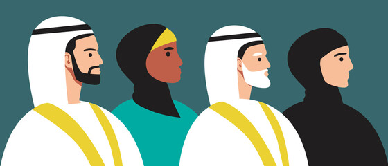 Islamic people, religion islam, flat vector stock illustration with arabic sheikh and dishdasha, gandurah, hijab - obrazy, fototapety, plakaty