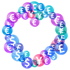 Euro dollar pound yen circle icons scatter currency vector background. Finance backdrop. Currency