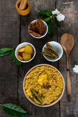 Top view of Bengali dish khichdi or khichuri made from a combination of lentils and rice along with Indian spices. Ready to eat food. Top view.