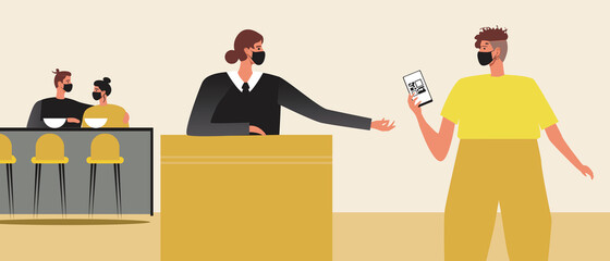 Hostess meets visitor, online booking at the bar, Flat vector stock illustration with QR code for booking or health passport for visiting the bar