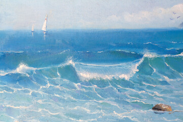 Sea painting waves painted on canvas with oil paints creative background for design